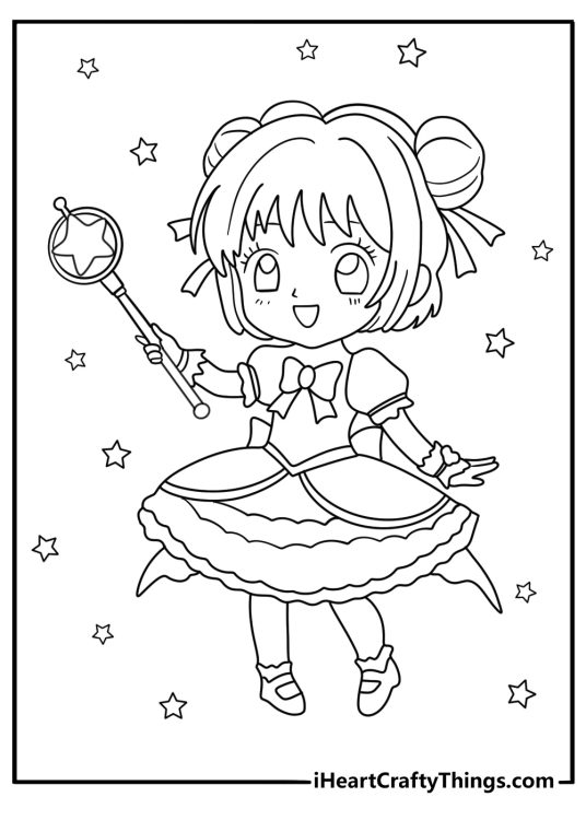 Magical anime girl with wand and star outfit cute printable page