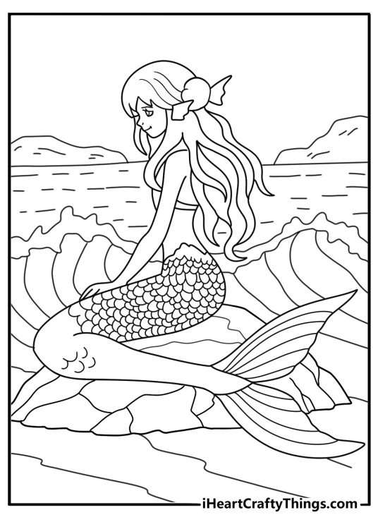 Mermaid with long hair sitting on rock anime mermaid coloring pages