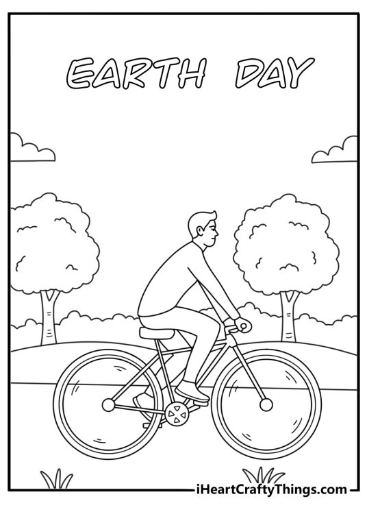 Person riding a bicycle along a tree lined path Earth Day printable for kids