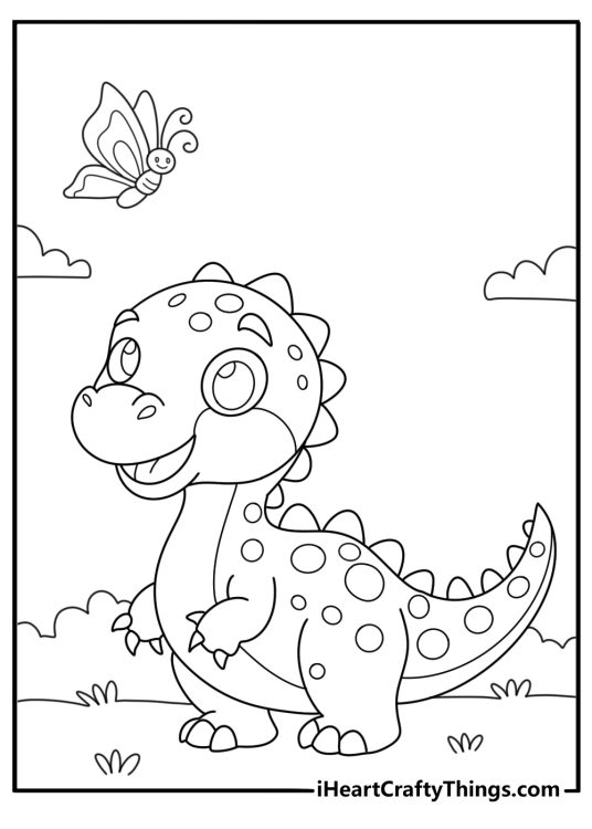 Printable baby dinosaur playing with butterfly in jungle coloring sheet