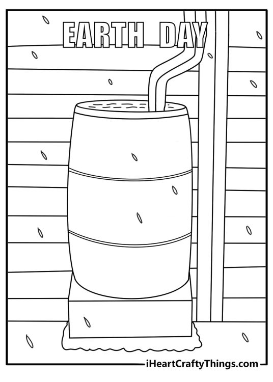 Rain barrel collecting water from a roof gutter Earth Day conservation coloring page