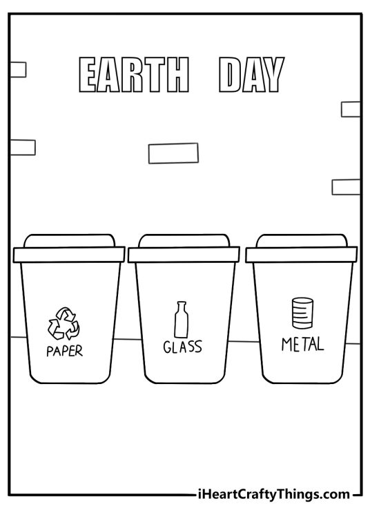 Recycling bins with paper glass and metal icons Earth Day coloring page