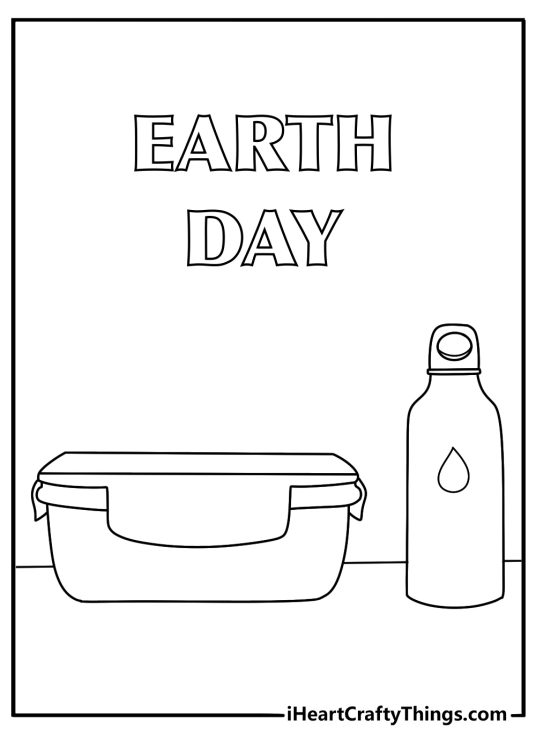 Refillable water bottle and lunch box zero waste Earth Day coloring page