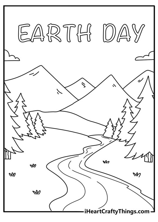 River flowing through mountains with clean water Earth Day landscape coloring sheet