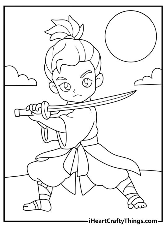 Samurai warrior with katana under moon japanese anime coloring sheet