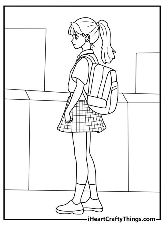 School girl walking with bag simple anime coloring page for kids