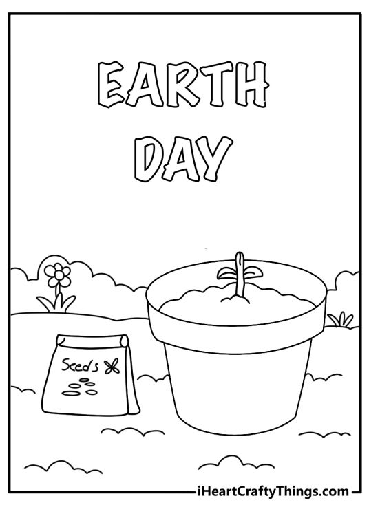 Seed packets and small sprouts on garden soil Earth Day simple coloring sheet