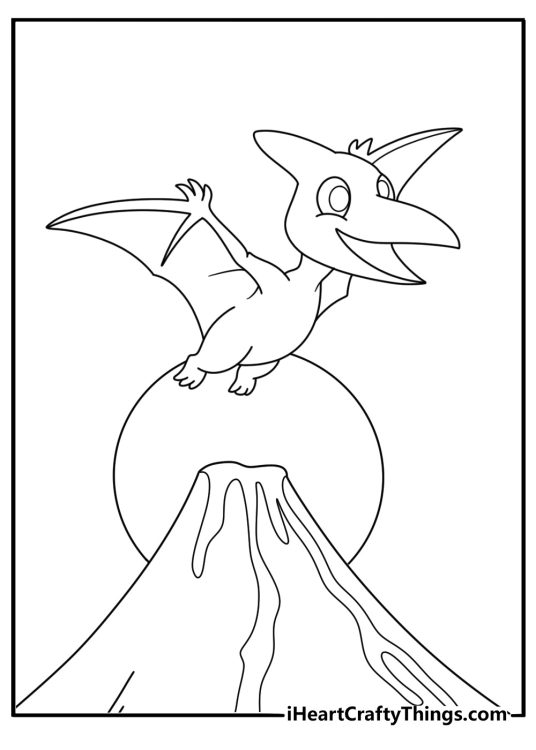 Simple baby pterodactyl gliding above volcano landscape coloring sheet