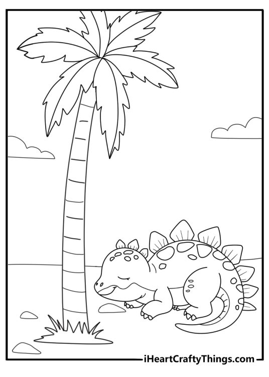 Simple cartoon baby dinosaur sleeping under palm tree