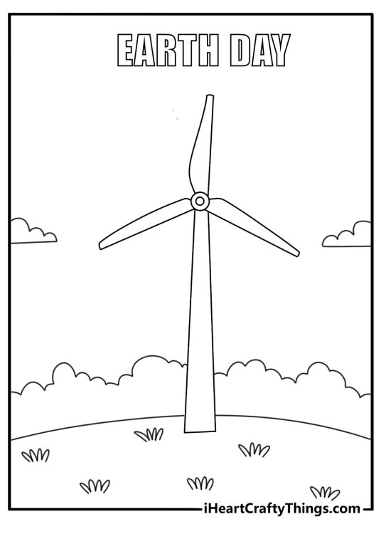 Simple coloring sheet showing a wind turbine on a grassy hill for Earth Day