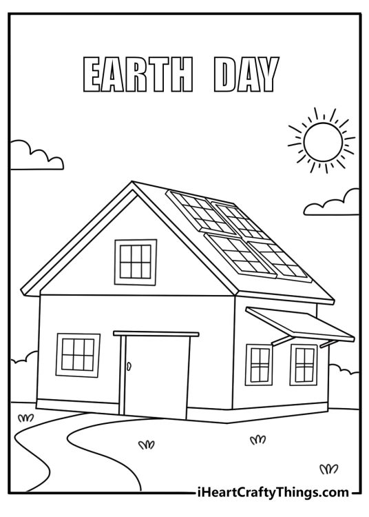 Solar panels on a house roof under bright sun Earth Day printable coloring page