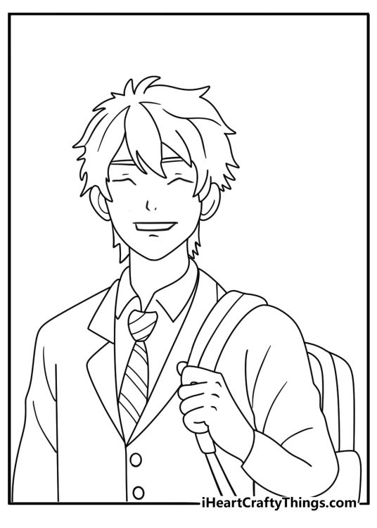 Spiky hair boy in school uniform anime boy coloring sheet