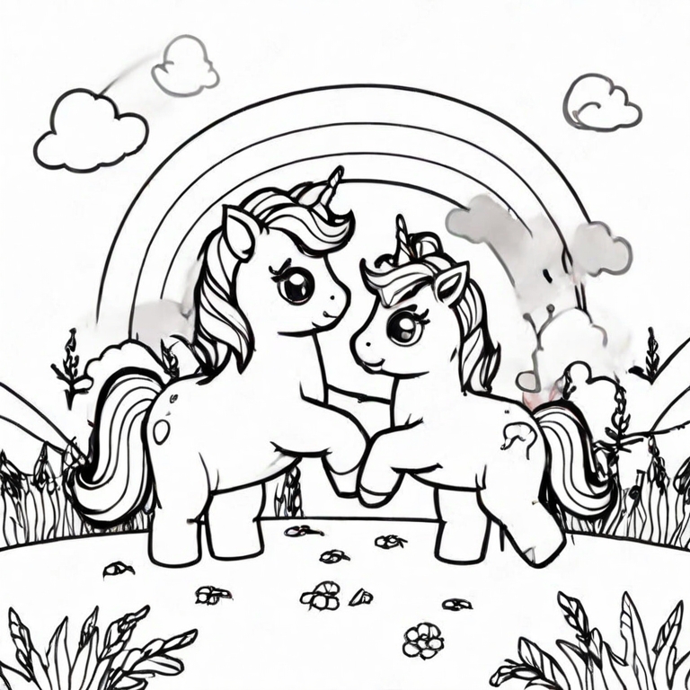 Two Unicorns Playing Together In Field Of Rainbows