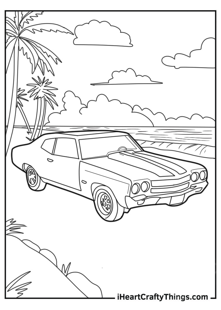 Printable car-themed coloring card presenting Vintage Chevrolet Chevelle SS with palms and sea in the background