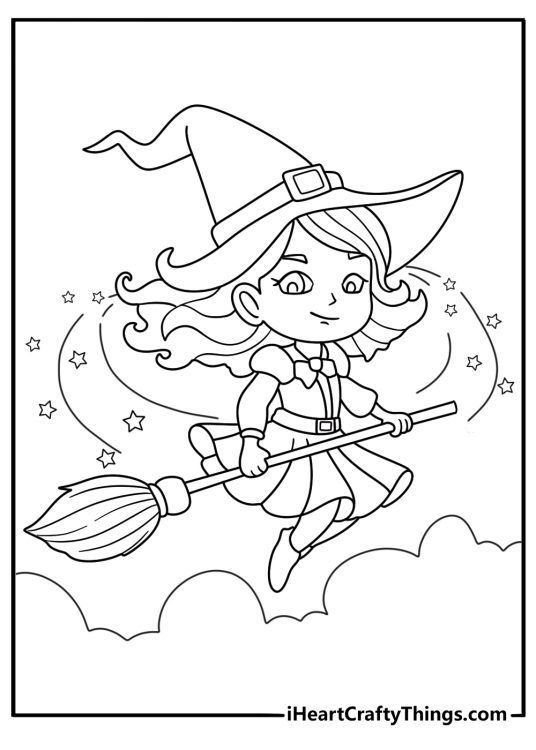 Witch with broom and hat casting spell anime witch coloring pages