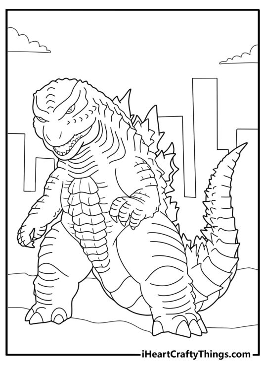 angry Godzilla with body covered in scales ready to fight printable coloring page