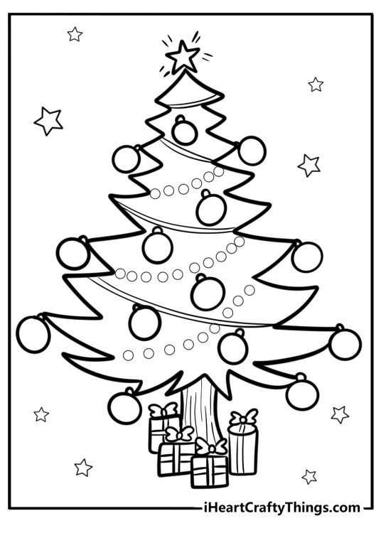 Coloring page for pre-schoolers featuring festive Christmas tree with stars in the background