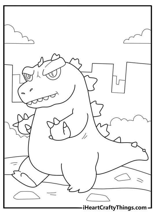 cartoon style Godzilla for kids fun printable coloring page