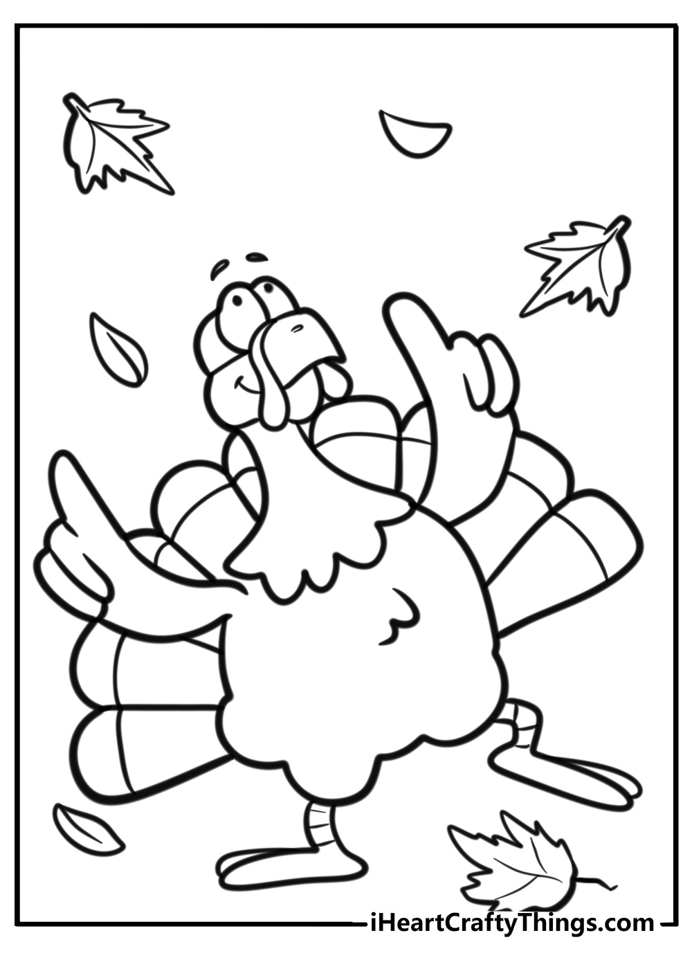 Free printable coloring picture featuring cute dancing turkey surrounded by Fall leaves