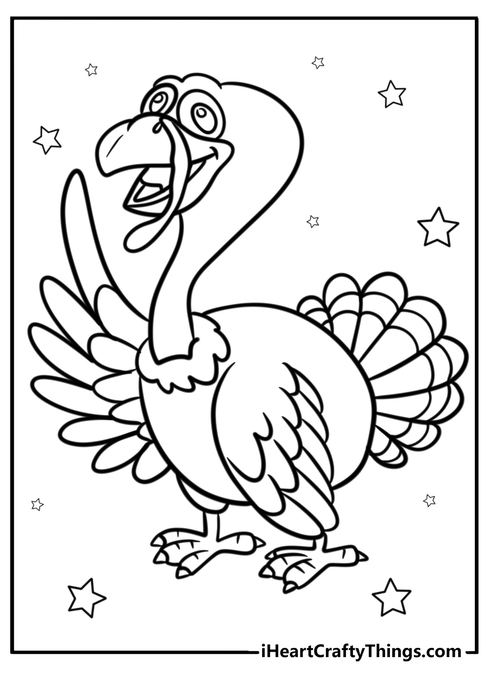 Cartoon turkey waving hello fun coloring sheet