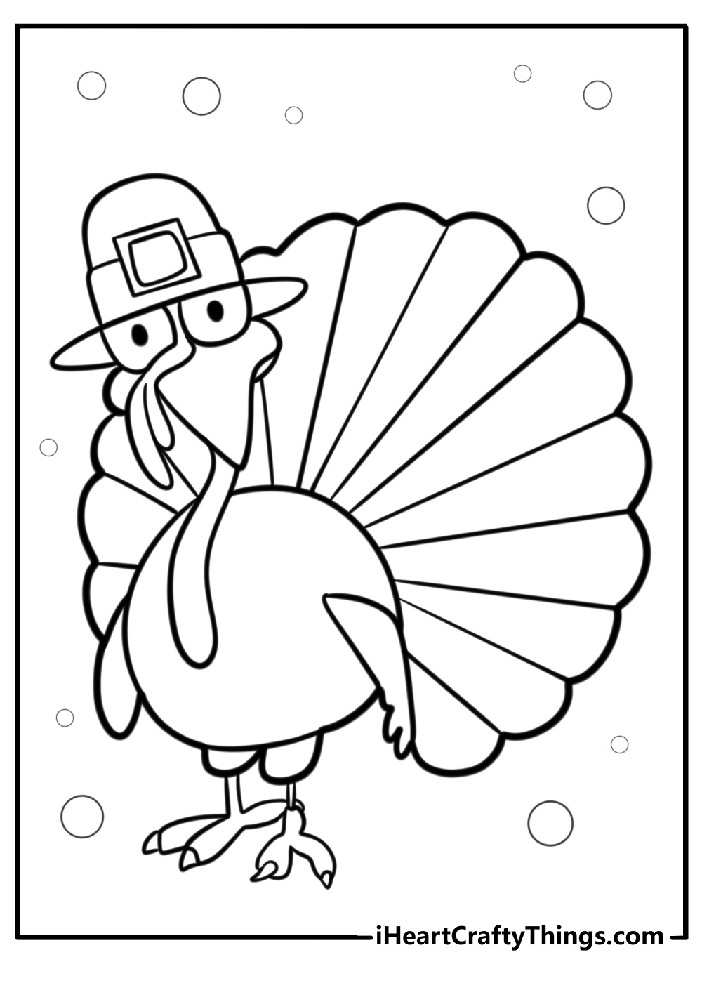 Cartoon turkey wearing a pilgrim hat detailed coloring sheet