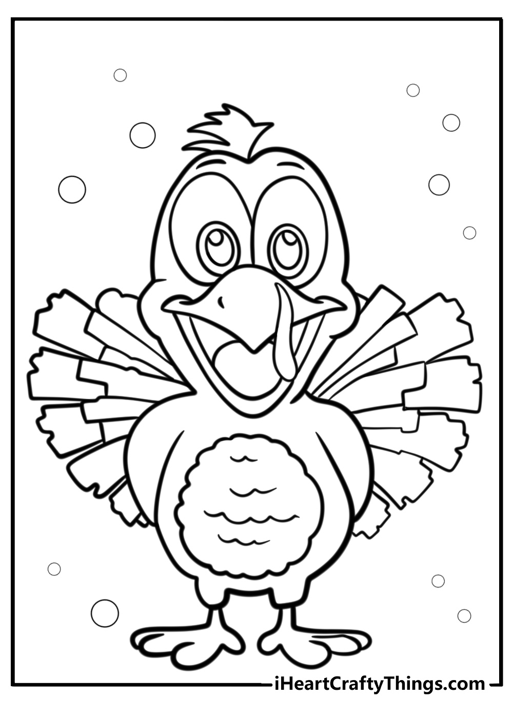 Detailed coloring picture of a happy Thanksgiving turkey with a big smile and bubbles in the background