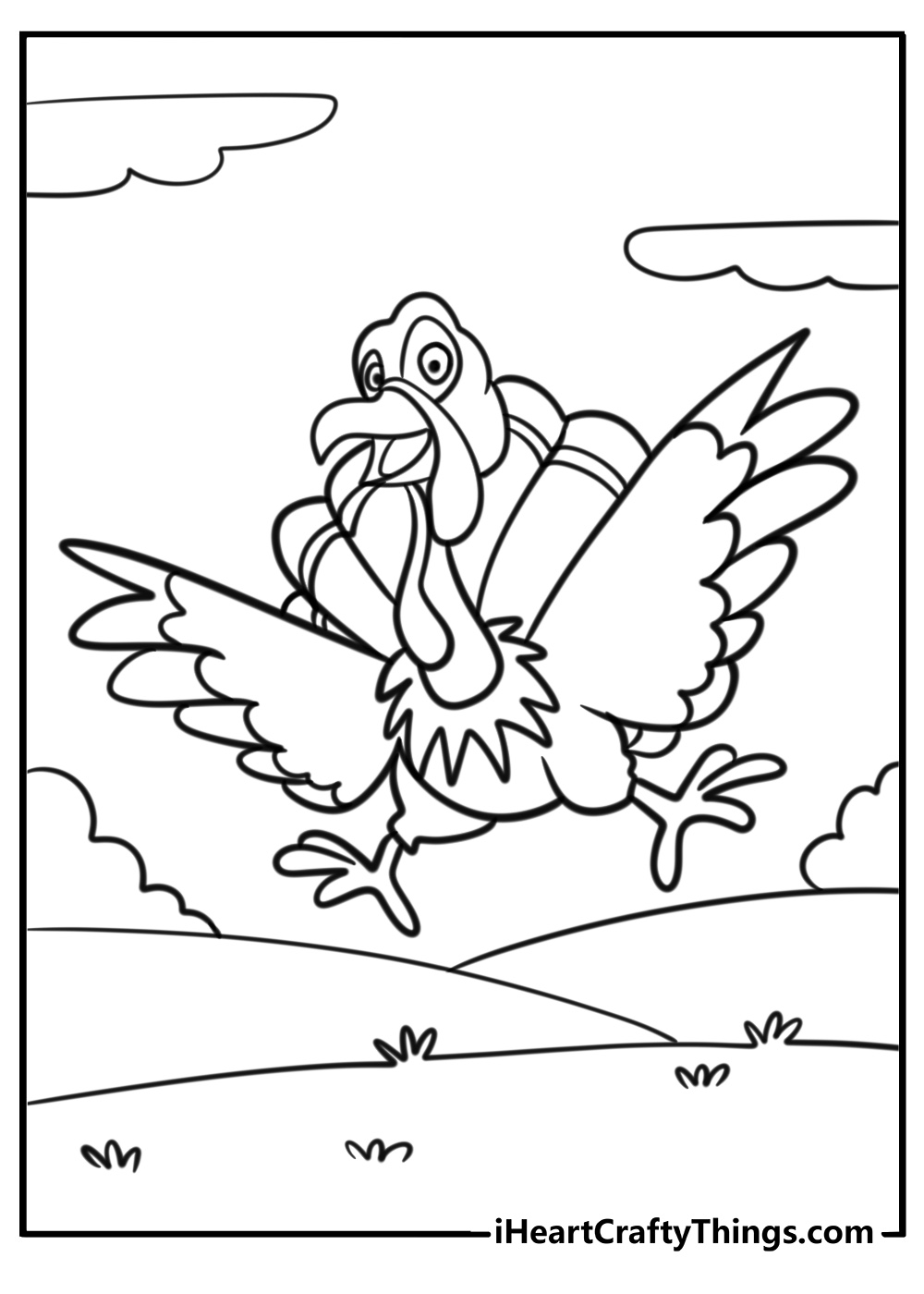 Cartoon turkey with colorful feathers fun coloring sheet