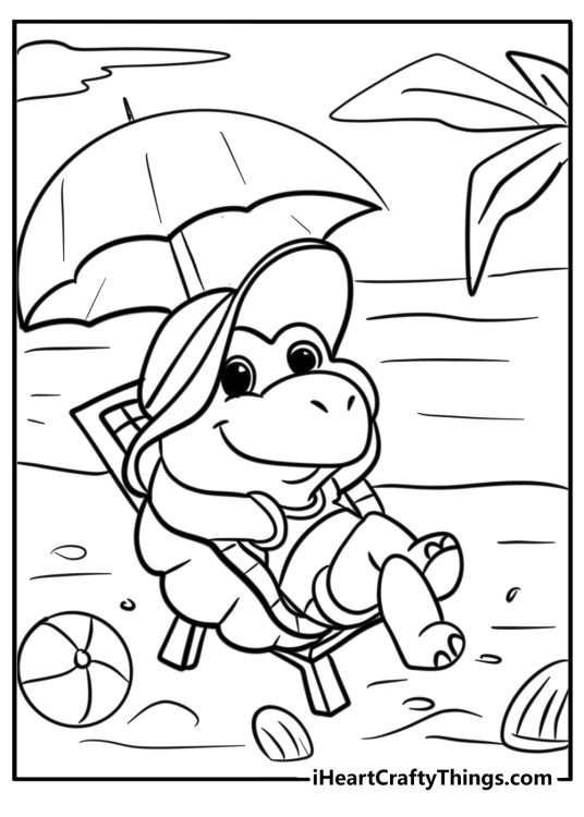 Picture for children featuring cartoony turtle relaxing in the chair under umbrella by the water
