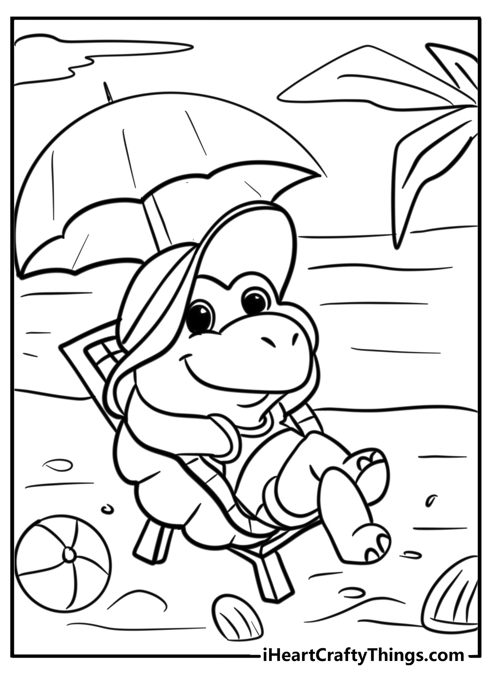 Cartoon turtle resting on beach to color