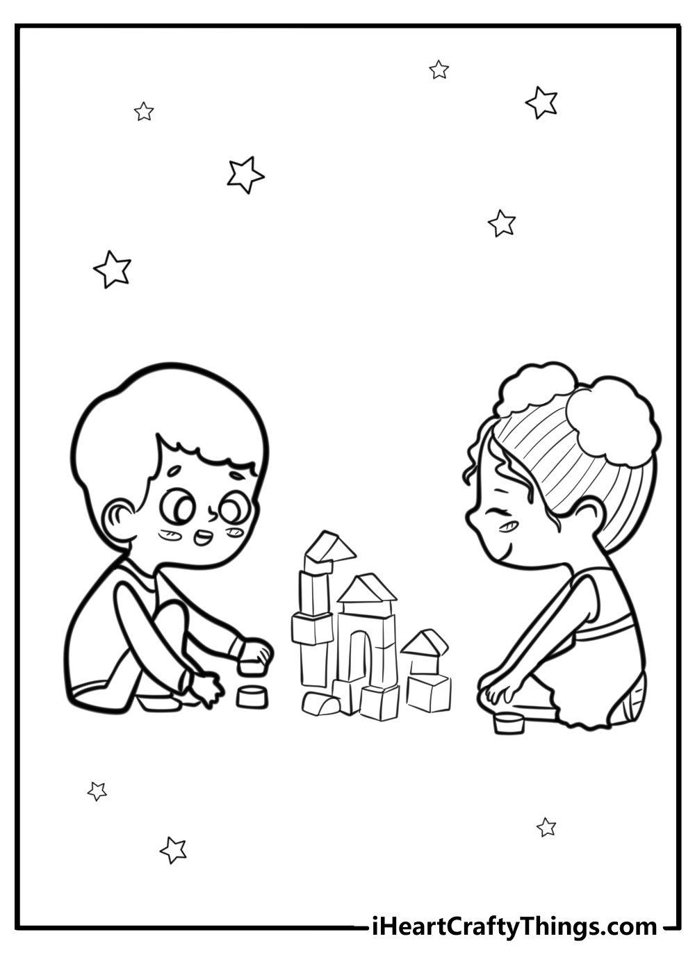 Children playing with building blocks free printable coloring page