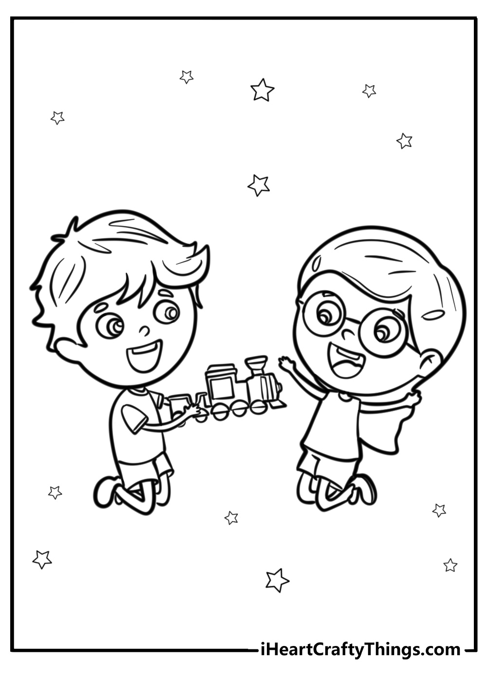 Children sharing toys in kindergarten free coloring page pdf