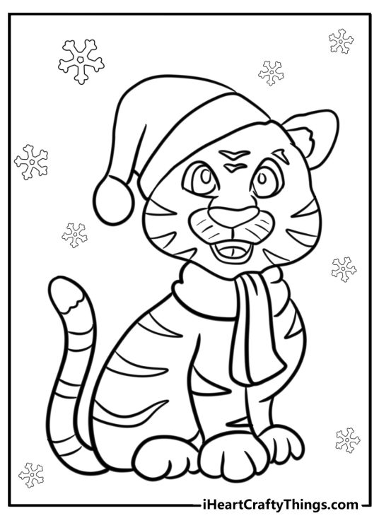 Coloring sheet of a cartoony tiger wearing Christmas hat and scarf surrounded by snowflakes