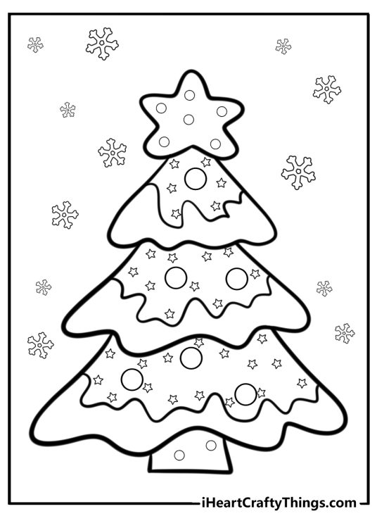 Coloring pdf of a snowy Christmas tree decorated with stars and surrounded by snowflakes