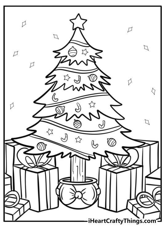 Coloring picture presenting festive Christmas tree in a pot with a bow surrounded by gift boxes
