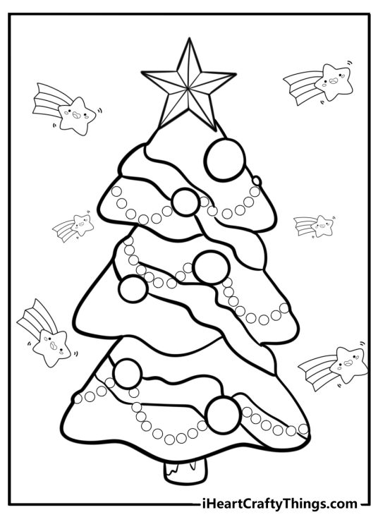 Picture for kids featuring cute Christmas tree surrounded by cartoony stars with smiling faces