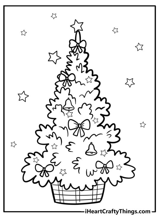 Detailed drawing of a Christmas tree decorated with bells and bows surrounded by stars