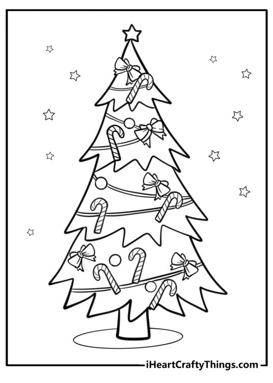 Coloring page of a Christmas tree decorated with candy canes ribbons baubles and garlands