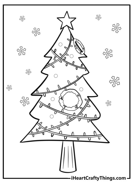 Printable page to color of a cartoony Christmas tree with decorations and snowflakes in the background