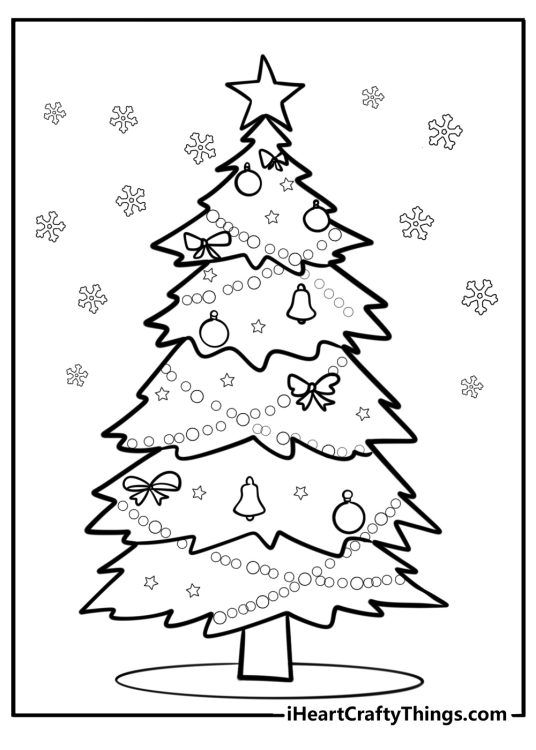 Picture to print and color of a beautiful and festive Christmas tree with snowflakes falling behind it