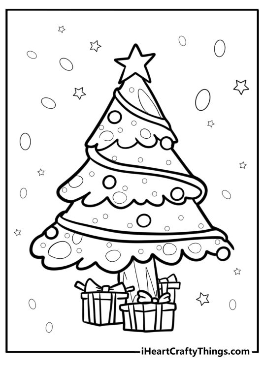 Coloring printable for children featuring Christmas tree with three presents underneath