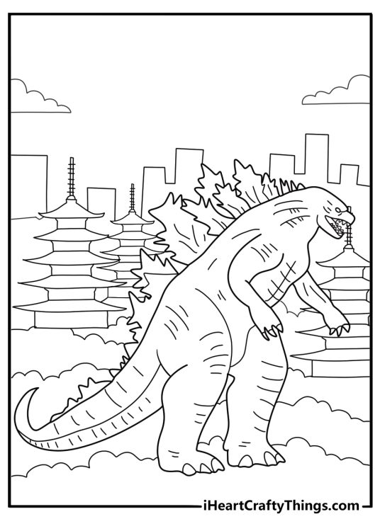 classic Godzilla in Japanese city scene easy coloring sheet