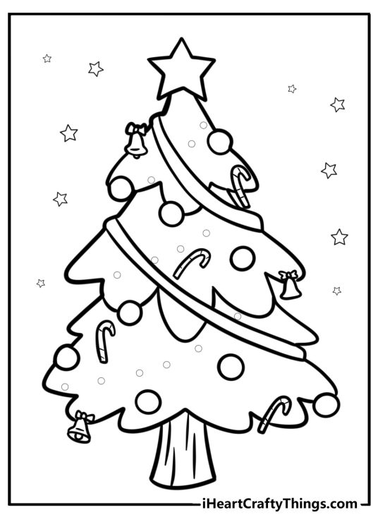 Free card featuring classic Christmas tree with a big star on the top and smaller stars all around it