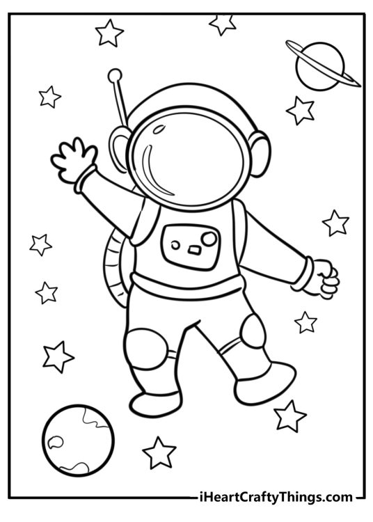 Outer Space-themed printable of an astronaut floating around in cosmos and waving to us