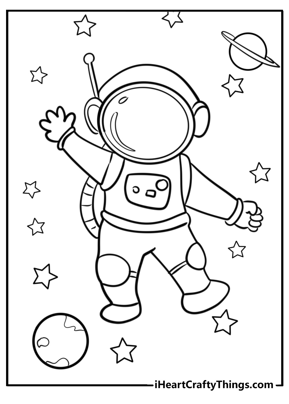 Outer Space-themed printable of an astronaut floating around in cosmos and waving to us