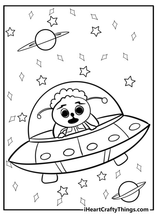 Free printable pdf featuring an alien ship with an alien traveling through the Outer Space