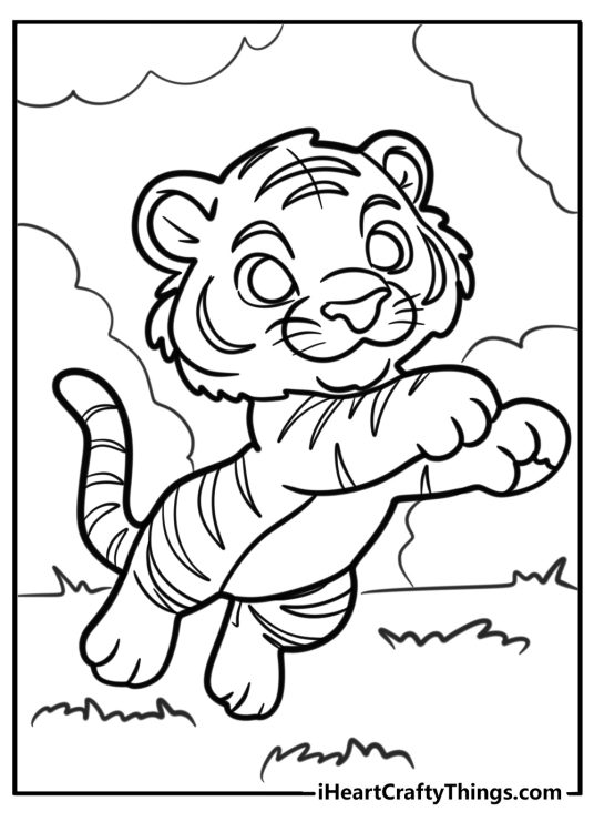 Picture to color presenting cute tiger cub playing on the grass with clouds in the background