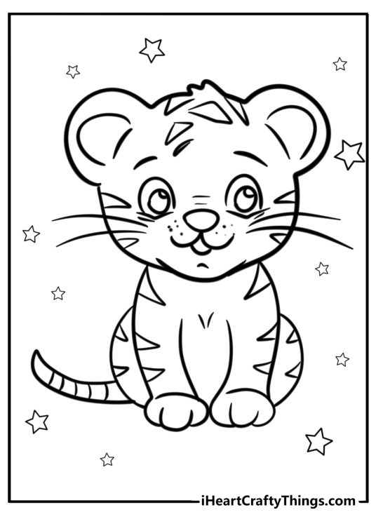 Coloring image for children depicting cute baby tiger sitting surrounded with stars