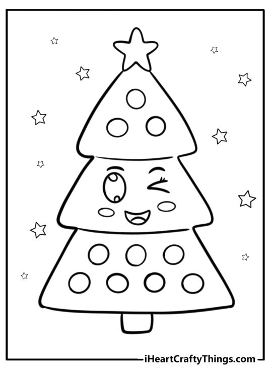 Cute Christmas tree with a smiling face featured on printable page for pre-schoolers