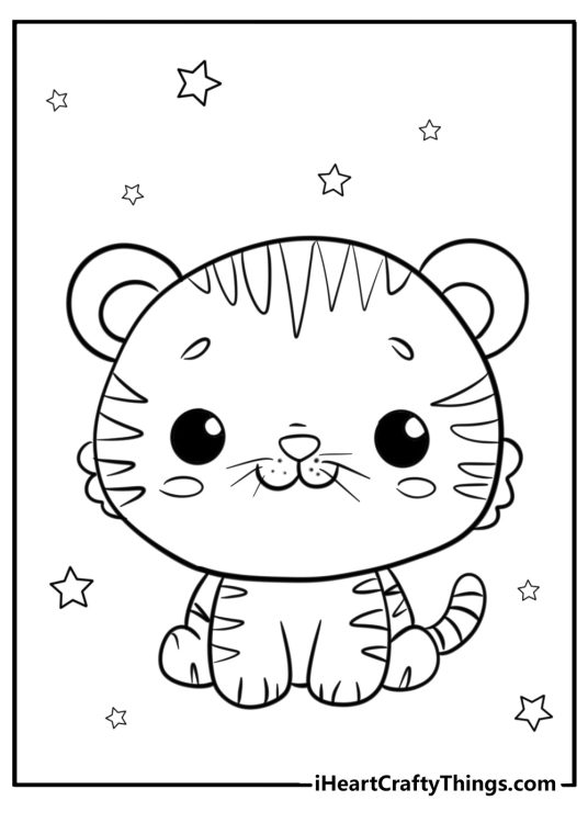 Free picture for kids presenting little cartoony tiger with stars in the background