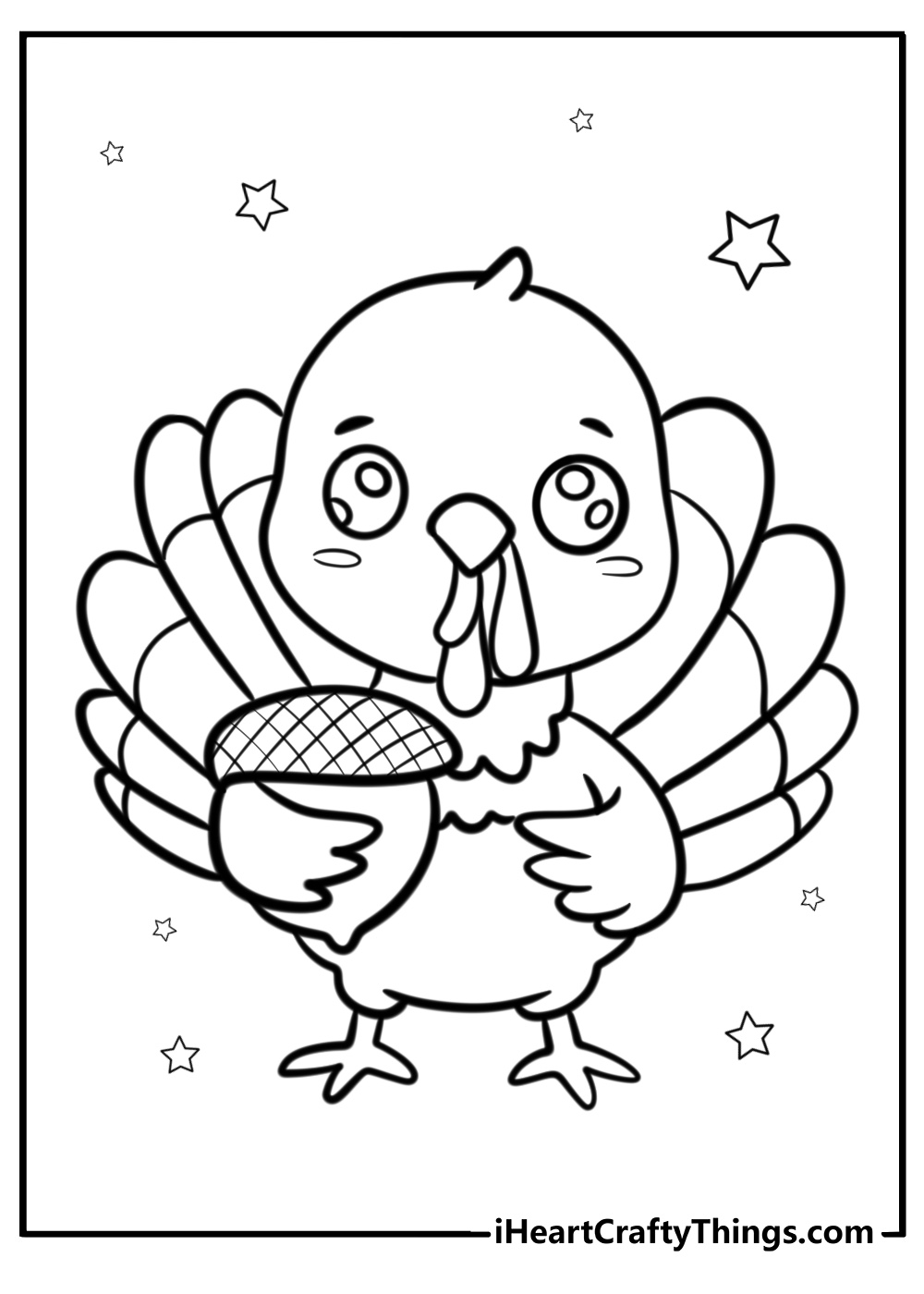 Coloring picture for kids of a cute baby turkey holding an acorn with stars in the background